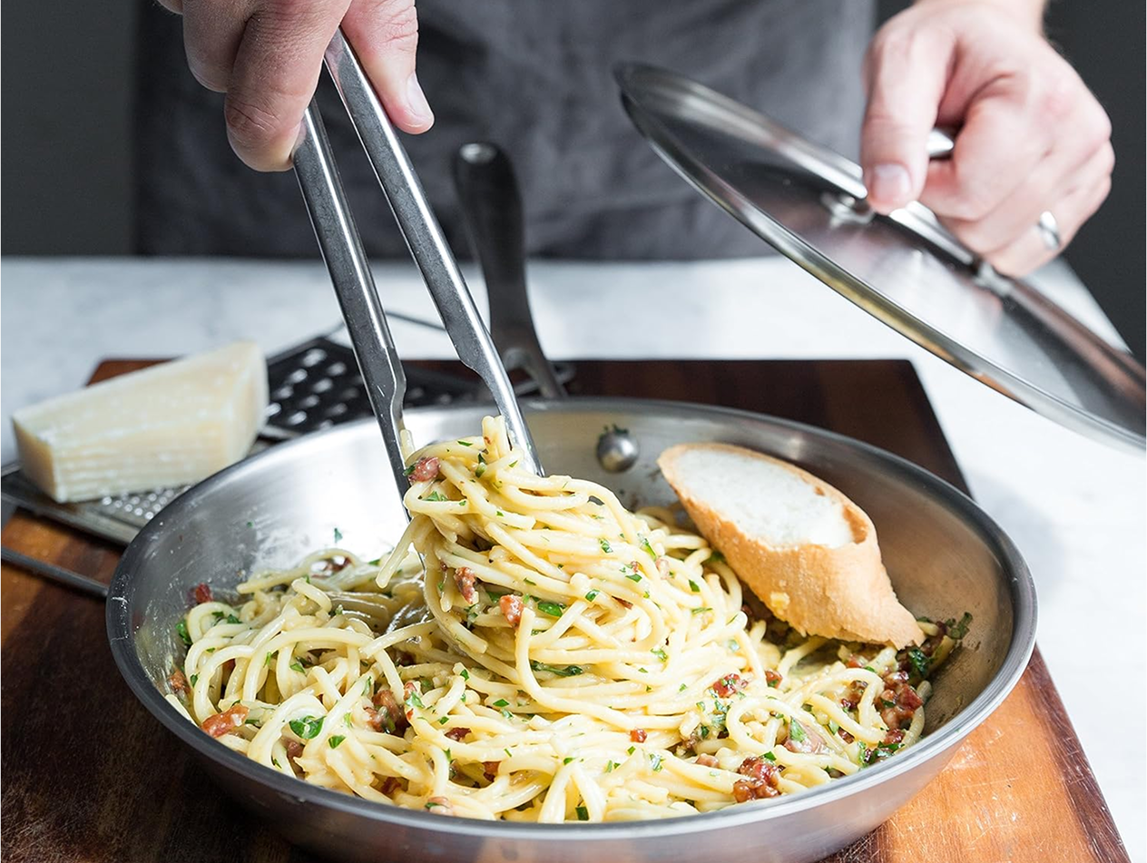 Pasta in a stainless steel pan