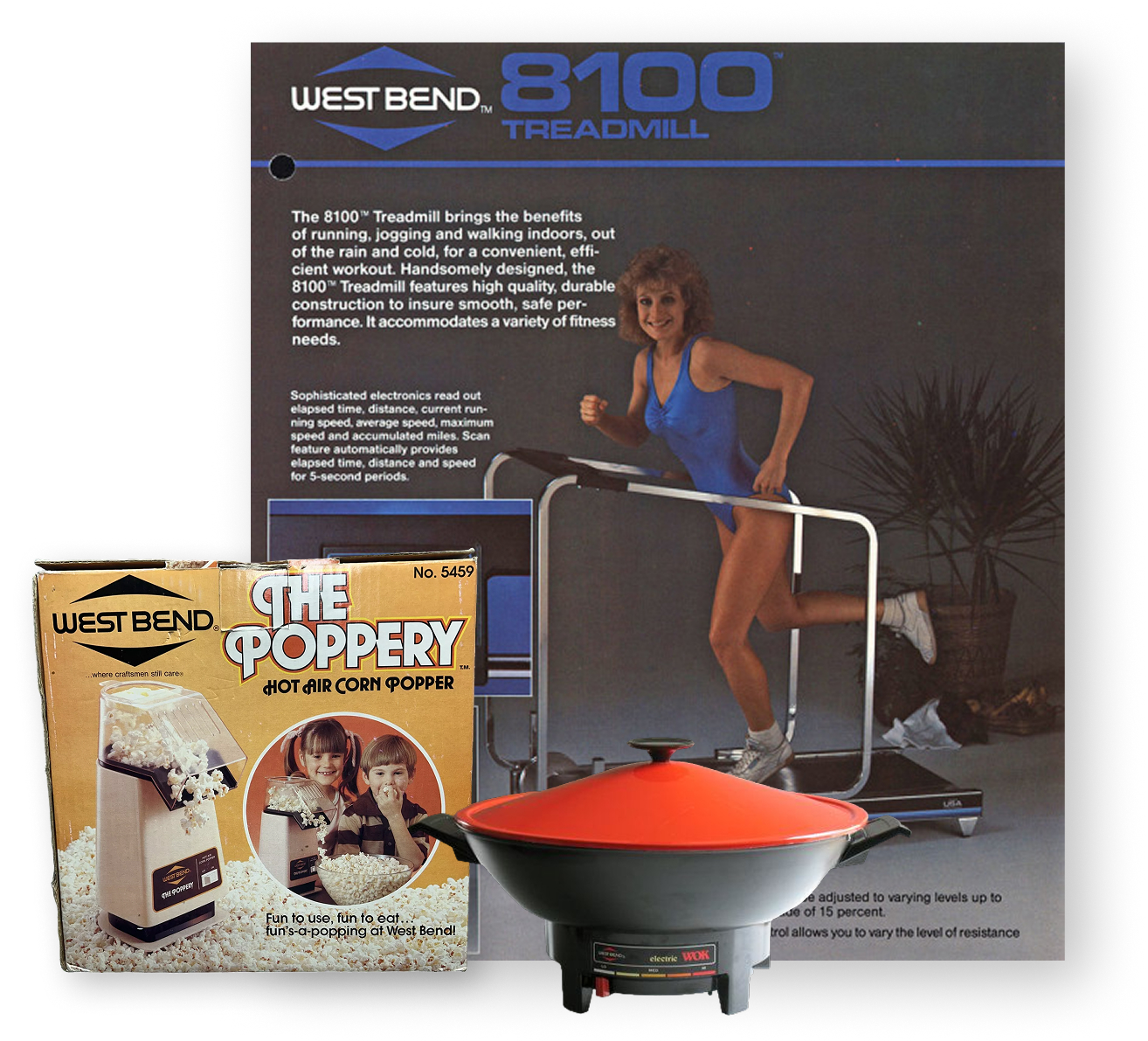 Marketing materials from the 1980s featuring West Bend products including a treadmill, a hot air popcorn popper and an electric Wok.