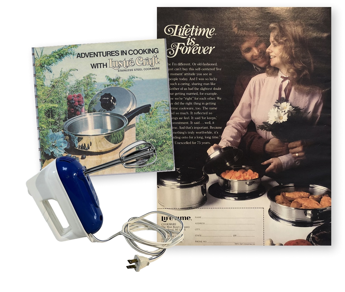 Marketing Catalogs from West Bend in the 1990s. Features a handheld electric hand mixer in the foreground.